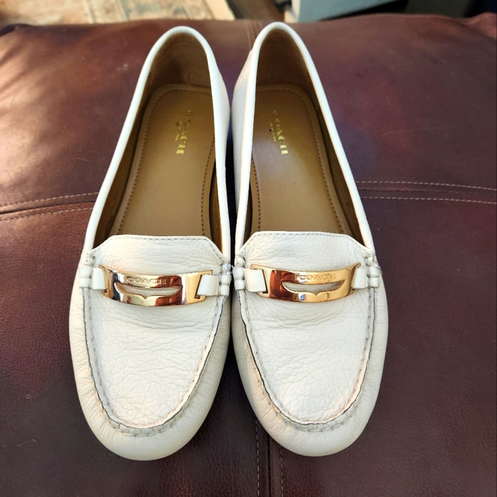 Coach White Leather Loafers with Gold Accent